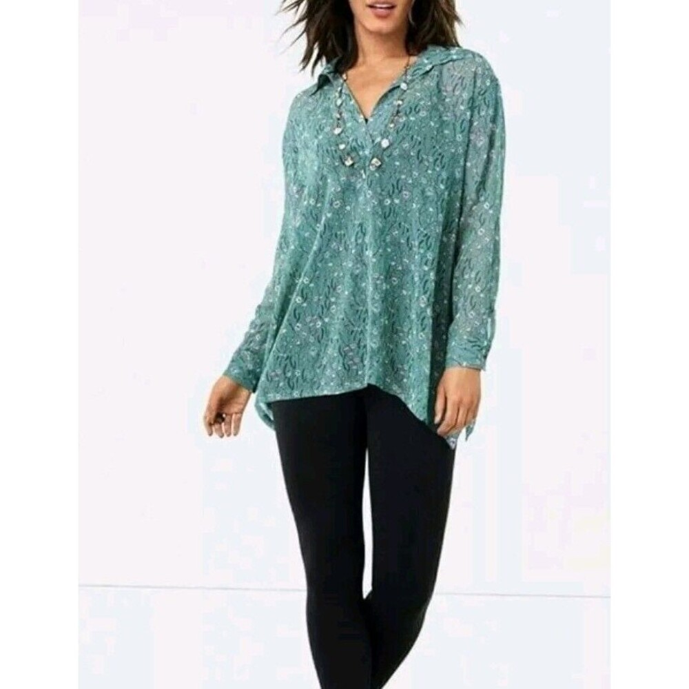 Cabi Blouse Womens Sz XXS-S 3761 Chase Field of Flowers Green Sheer Long Sleeve